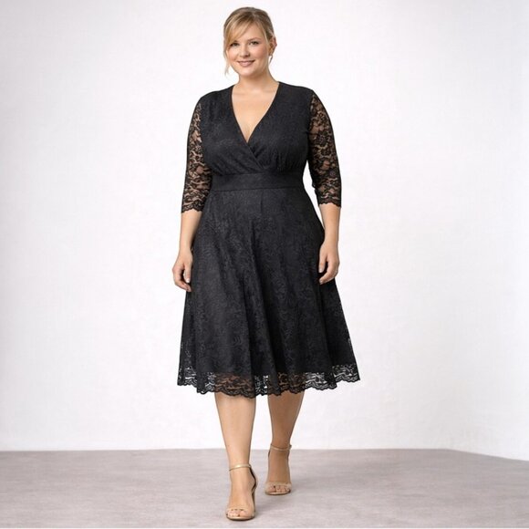 Dresses & Skirts - Women's Flattering Plus Size 4XL Black Lace Midi Dress 3/4 Sleeve